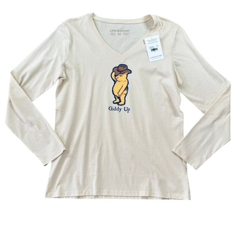 Life is Good Giddy Up Winnie the Pooh‎ Bear V-Neck Long Sleeve Shirt Cream NEW